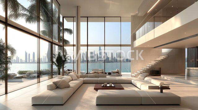 فيلا عربية مكونة من طابقين، هندسية داخلية فاخرة, التصاميم الأنيقة لغرف الجلوس المريحة على الطراز الحديث، ديكورات داخلية عصرية راقية, الواجهات و النوافذ الزجاجية الكبيرة, غرفة معيشة مع أثاث منزلي فاخر, فلل و شقق سكنية في المملكة العربية السعودية