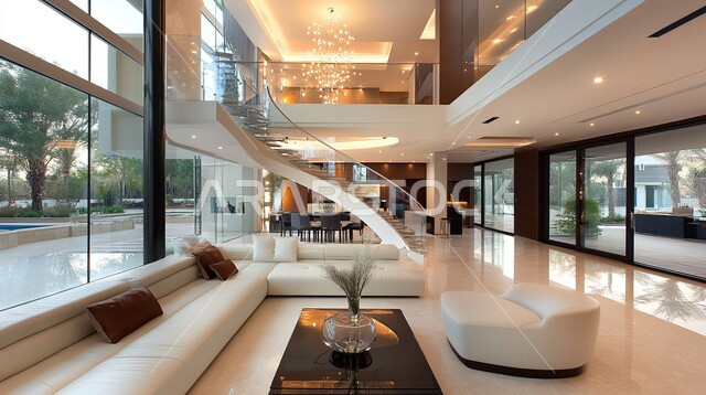 فيلا عربية مكونة من طابقين، هندسية داخلية فاخرة, التصاميم الأنيقة لغرف الجلوس المريحة على الطراز الحديث، ديكورات داخلية عصرية راقية, الواجهات و النوافذ الزجاجية الكبيرة, غرفة معيشة مع أثاث منزلي فاخر, فلل و شقق سكنية في المملكة العربية السعودية