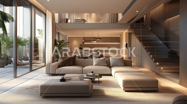 فيلا عربية مكونة من طابقين، هندسية داخلية فاخرة, التصاميم الأنيقة لغرف الجلوس المريحة على الطراز الحديث، ديكورات داخلية عصرية راقية, الواجهات و النوافذ الزجاجية الكبيرة, غرفة معيشة مع أثاث منزلي فاخر, فلل و شقق سكنية في المملكة العربية السعودية