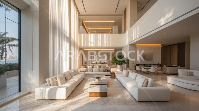 فيلا عربية مكونة من طابقين، هندسية داخلية فاخرة, التصاميم الأنيقة لغرف الجلوس المريحة على الطراز الحديث، ديكورات داخلية عصرية راقية, الواجهات و النوافذ الزجاجية الكبيرة, غرفة معيشة مع أثاث منزلي فاخر, فلل و شقق سكنية في المملكة العربية السعودية