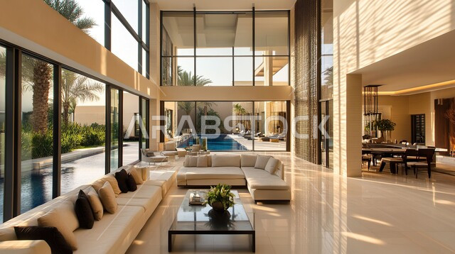 فيلا عربية مكونة من طابقين، هندسية داخلية فاخرة, التصاميم الأنيقة لغرف الجلوس المريحة على الطراز الحديث، ديكورات داخلية عصرية راقية, الواجهات و النوافذ الزجاجية الكبيرة, غرفة معيشة مع أثاث منزلي فاخر, فلل و شقق سكنية في المملكة العربية السعودية