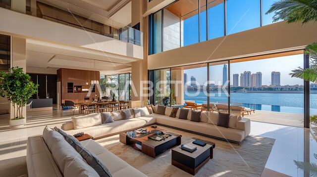 فيلا عربية مكونة من طابقين، هندسية داخلية فاخرة, التصاميم الأنيقة لغرف الجلوس المريحة على الطراز الحديث، ديكورات داخلية عصرية راقية, الواجهات و النوافذ الزجاجية الكبيرة, غرفة معيشة مع أثاث منزلي فاخر, فلل و شقق سكنية في المملكة العربية السعودية