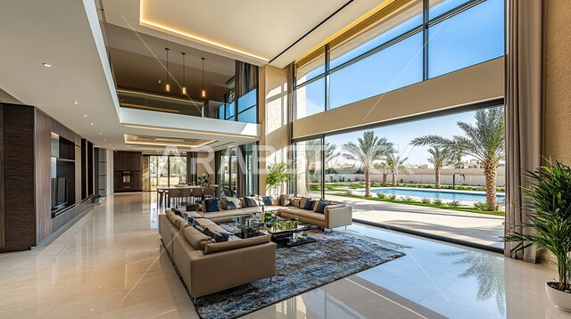 فيلا عربية مكونة من طابقين، هندسية داخلية فاخرة, التصاميم الأنيقة لغرف الجلوس المريحة على الطراز الحديث، ديكورات داخلية عصرية راقية, الواجهات و النوافذ الزجاجية الكبيرة, غرفة معيشة مع أثاث منزلي فاخر, فلل و شقق سكنية في المملكة العربية السعودية