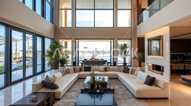 Two-storey Arabian villa, luxurious interior design, elegant designs for comfortable living rooms in modern style, high-end contemporary interior decorations, large glass facades and windows, living room with luxury home furniture, villas and residential apartments in Saudi Arabia