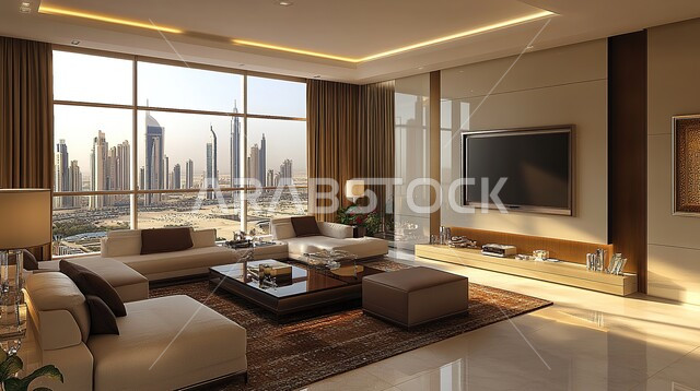 فيلا عربية مكونة من طابقين، هندسية داخلية فاخرة, التصاميم الأنيقة لغرف الجلوس المريحة على الطراز الحديث، ديكورات داخلية عصرية راقية, الواجهات و النوافذ الزجاجية الكبيرة, غرفة معيشة مع أثاث منزلي فاخر, فلل و شقق سكنية في المملكة العربية السعودية