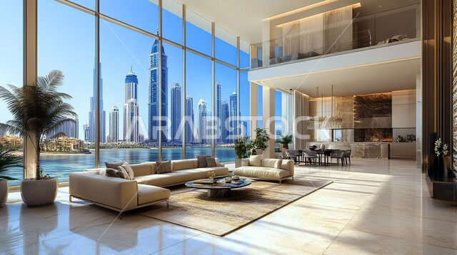 فيلا عربية مكونة من طابقين، هندسية داخلية فاخرة, التصاميم الأنيقة لغرف الجلوس المريحة على الطراز الحديث، ديكورات داخلية عصرية راقية, الواجهات و النوافذ الزجاجية الكبيرة, غرفة معيشة مع أثاث منزلي فاخر, فلل و شقق سكنية في المملكة العربية السعودية