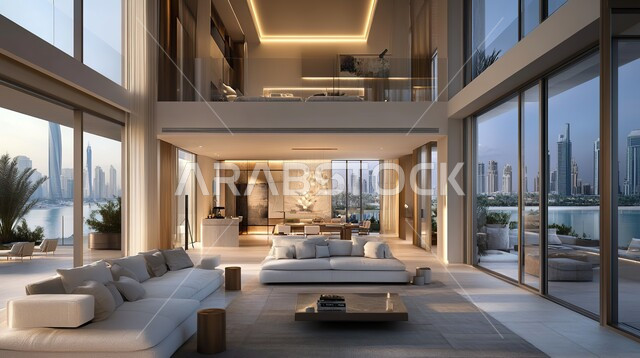 فيلا عربية مكونة من طابقين، هندسية داخلية فاخرة, التصاميم الأنيقة لغرف الجلوس المريحة على الطراز الحديث، ديكورات داخلية عصرية راقية, الواجهات و النوافذ الزجاجية الكبيرة, غرفة معيشة مع أثاث منزلي فاخر, فلل و شقق سكنية في المملكة العربية السعودية