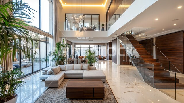 فيلا عربية مكونة من طابقين، هندسية داخلية فاخرة, التصاميم الأنيقة لغرف الجلوس المريحة على الطراز الحديث، ديكورات داخلية عصرية راقية, الواجهات و النوافذ الزجاجية الكبيرة, غرفة معيشة مع أثاث منزلي فاخر, فلل و شقق سكنية في المملكة العربية السعودية