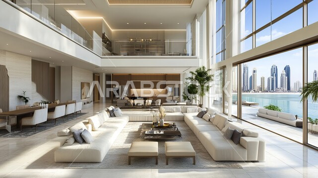 فيلا عربية مكونة من طابقين، هندسية داخلية فاخرة, التصاميم الأنيقة لغرف الجلوس المريحة على الطراز الحديث، ديكورات داخلية عصرية راقية, الواجهات و النوافذ الزجاجية الكبيرة, غرفة معيشة مع أثاث منزلي فاخر, فلل و شقق سكنية في المملكة العربية السعودية