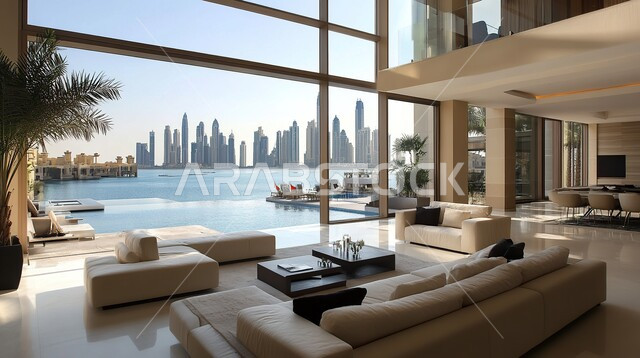 فيلا عربية مكونة من طابقين، هندسية داخلية فاخرة, التصاميم الأنيقة لغرف الجلوس المريحة على الطراز الحديث، ديكورات داخلية عصرية راقية, الواجهات و النوافذ الزجاجية الكبيرة, غرفة معيشة مع أثاث منزلي فاخر, فلل و شقق سكنية في المملكة العربية السعودية