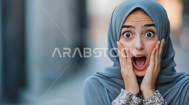 ايماءات تدل على الذهول لسماع خبر مفاجئ، الصدمة والتعجب من حصول أمر ما، صورة مقربة لامرأة عربية خليجية سعودية محجبة تنظر إلى الكاميرا بتعابير الدهشة والخوف