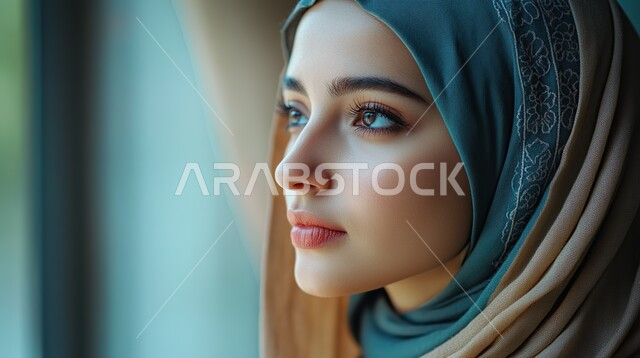 حجابات نسائية عصرية حديثة، امراة عربية خليجية سعودية محجبة ترتدي عباءة سوداء مبتسمة تنظر إلى شيء ما بايماءات الثقة بالنفس، الاهتمام بالمظهر الخارجي، مفهوم النعومة والاناقة