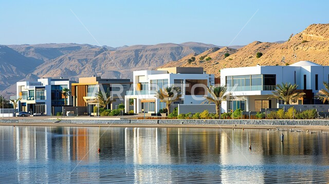 الفن الهندسي المعماري على الطراز الحديث للفلل والشقق السكنية في المملكة العربية السعودية، ديكورات خارجية للمنازل مبتكرة وحديثة، أماكن ترفيهية في المناطق السياحية، تصاميم عصرية مع واجهات زجاجية مطلة على الكورنيش، الاهتمام بزراعة الاشجار الخضراء