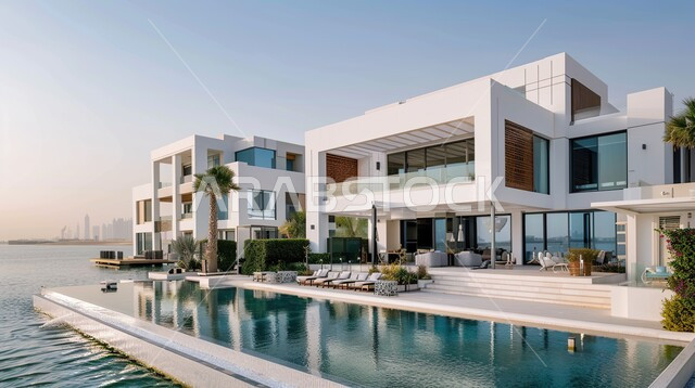 الفن الهندسي المعماري على الطراز الحديث للفلل والشقق السكنية في المملكة العربية السعودية، ديكورات خارجية للمنازل مبتكرة وحديثة، أماكن ترفيهية في المناطق السياحية، تصاميم عصرية مع واجهات زجاجية مطلة على الكورنيش، الاهتمام بزراعة الاشجار الخضراء