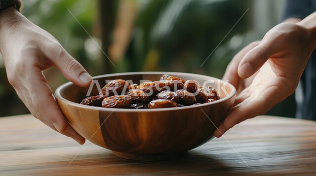 طبق مليء بحبات التمر الصحي، ضيافة رمضانية تقليدية، أنواع التمور الفاخرة في المملكة العربية السعودية, ثمار ومحاصيل زراعية محلية وطنية، وجبة ذات قيمة غذائية عالية