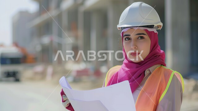 تنمية وتطور السعودية بمجال الهندسة والبناء على يد أبناء الوطن, متابعة الأعمال الهندسية, صورة مقربة لمهندسة عربية خليجية سعودية محجبة مبتسمة ترتدي خوذه الحماية تقف في موقع العمل تنظر الى الكاميرا بإيماءات الثقة بالنفس, المخططات الانشائية المعمارية
