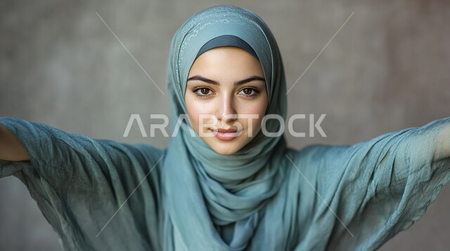 ملابس محجبات عصرية راقية، مفهوم الأنوثة والنعومة، الاهتمام بالمظهر الخارجي والأناقة، صورة مقربة لامرأة عربية خليجية سعودية محجبة تنظر إلى الكاميرا بايماءات الثقة بالنفس والسرور