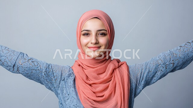 ملابس محجبات عصرية راقية، مفهوم الأنوثة والنعومة، الاهتمام بالمظهر الخارجي والأناقة، بورتريه مقرب لامرأة عربية خليجية سعودية محجبة ترفع يديها بحركات عفوية تنظر إلى الكاميرا بايماءات الثقة بالنفس والسرور، خلفية رمادية