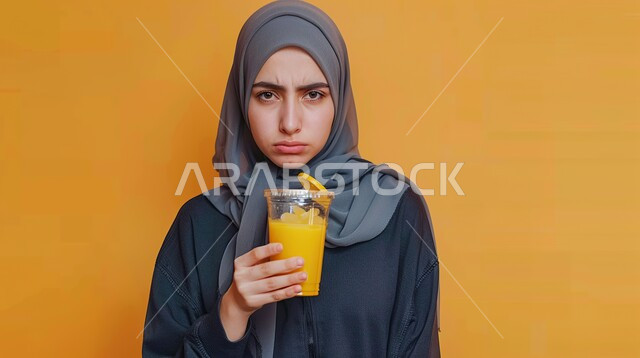Unwillingness to drink juice, elegant modern veiled clothes, concept of femininity and softness, interest in appearance and elegance, close-up portrait of a veiled Saudi Arabian Gulf woman holding a cup of fresh juice in her hand, looking at the camera with gestures of sadness, yellow background