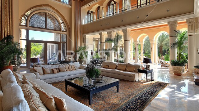 Old style ornate architecture, traditional Arabic sitting room and living room with home furniture, glass facade overlooking trees and green plants, elegant antiques and accessories, high-end interior decoration for villas and residential apartments in Saudi Arabia