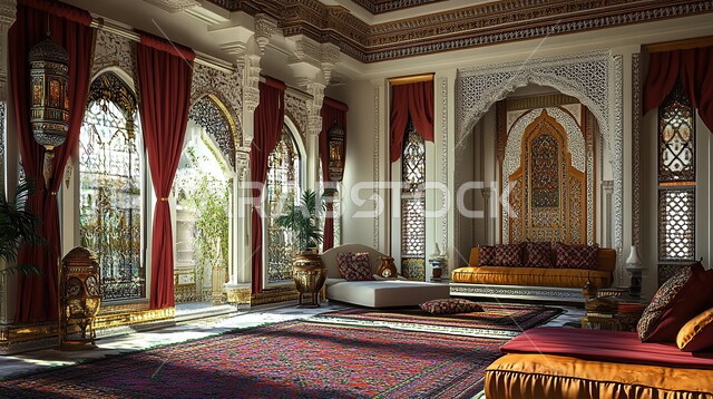 الهندسة الفنية المعمارية على الطراز المزخرف القديم، مجالس عربية تقليدية وغرفة جلوس مع أثاث منزلي، واجهه زجاجية مطلة على الاشجار والنباتات الخضراء، تحف واكسسوارات أنيقة، ديكور داخلي راقي للفلل والشقق السكنية في المملكة العربية السعودية