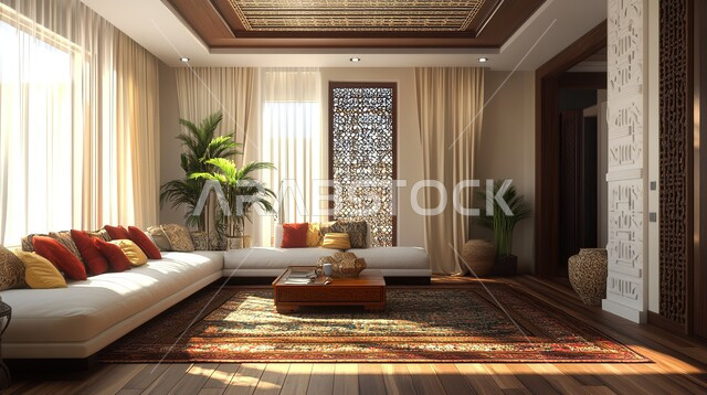 الهندسة الفنية المعمارية على الطراز المزخرف القديم، مجالس عربية تقليدية وغرفة جلوس مع أثاث منزلي، واجهه زجاجية مطلة على الاشجار والنباتات الخضراء، تحف واكسسوارات أنيقة، ديكور داخلي راقي للفلل والشقق السكنية في المملكة العربية السعودية