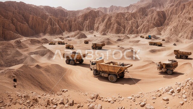 Mining sites in Saudi Arabia, a large truck working at the mining site, areas for prospecting for underground resources, rocky nature and terrain of mountain ranges, getting rid of dirt and rocks and transporting them away