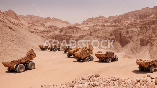 مناطق التنقيب عن الثروات الباطنية، أماكن المناجم في المملكة العربية السعودية، سيارات شحن كبيرة تقوم بالعمل في موقع التعدين، الطبيعة الصخرية وتضاريس السلاسل الجبلية، التخلص من الأتربة والصخور ونقلها بعيدا