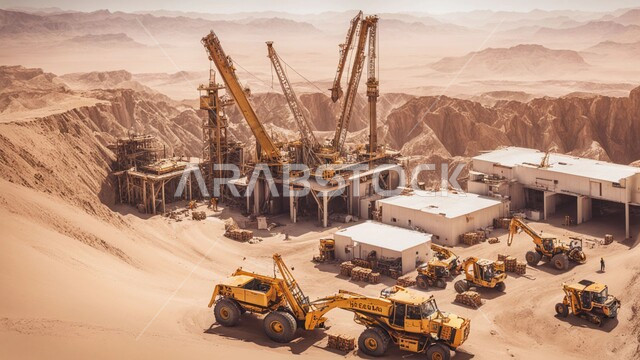 سيارات شحن كبيرة تقوم بالعمل في موقع التعدين، مناطق التنقيب عن الثروات الباطنية، أماكن المناجم في المملكة العربية السعودية، الطبيعة الصخرية وتضاريس السلاسل الجبلية، التخلص من الأتربة والصخور ونقلها بعيدا