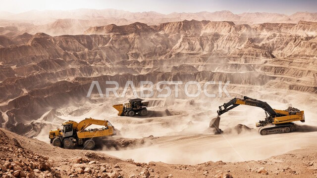 سيارات شحن كبيرة تقوم بالعمل في موقع التعدين، مناطق التنقيب عن الثروات الباطنية، أماكن المناجم في المملكة العربية السعودية، الطبيعة الصخرية وتضاريس السلاسل الجبلية، التخلص من الأتربة والصخور ونقلها بعيدا