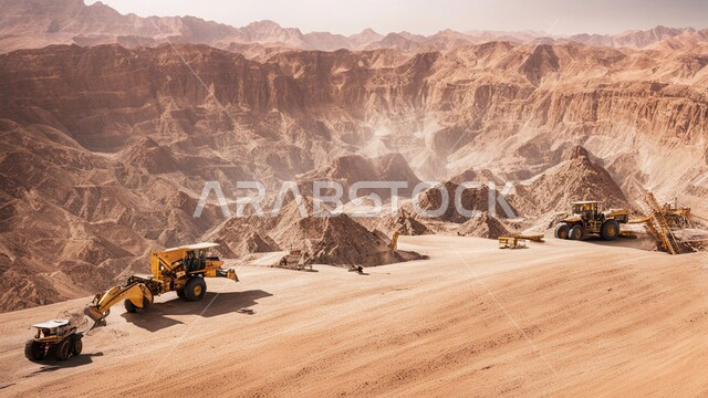 سيارات شحن كبيرة تقوم بالعمل في موقع التعدين، مناطق التنقيب عن الثروات الباطنية، أماكن المناجم في المملكة العربية السعودية، الطبيعة الصخرية وتضاريس السلاسل الجبلية، التخلص من الأتربة والصخور ونقلها بعيدا