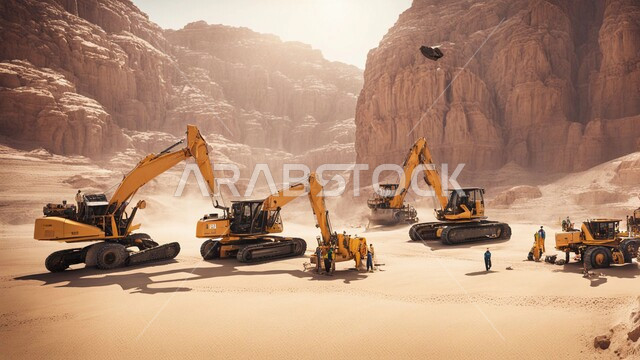 سيارات شحن كبيرة تقوم بالعمل في موقع التعدين، مناطق التنقيب عن الثروات الباطنية، أماكن المناجم في المملكة العربية السعودية، الطبيعة الصخرية وتضاريس السلاسل الجبلية، التخلص من الأتربة والصخور ونقلها بعيدا