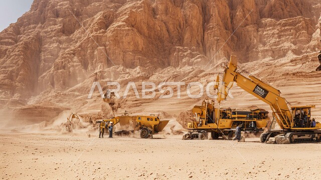 سيارات شحن كبيرة تقوم بالعمل في موقع التعدين، مناطق التنقيب عن الثروات الباطنية، أماكن المناجم في المملكة العربية السعودية، الطبيعة الصخرية وتضاريس السلاسل الجبلية، التخلص من الأتربة والصخور ونقلها بعيدا