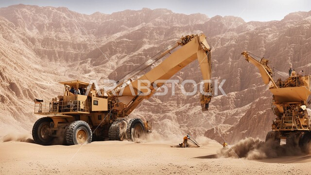 التكوينات والتشكيلات الصخرية والتضاريس، سيارات شحن كبيرة تقوم بالعمل في موقع التعدين، مناطق التنقيب عن الثروات الباطنية، أماكن المناجم في المملكة العربية السعودية، التخلص من الأتربة والصخور ونقلها بعيدا