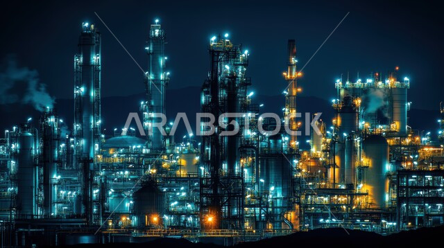 Oil and gas refinery, petrochemical projects contributing to the renaissance of the Saudi national economy, oil factories and plants in Saudi Arabia, lighting towers and metal structures at night, pollution resulting from oil production