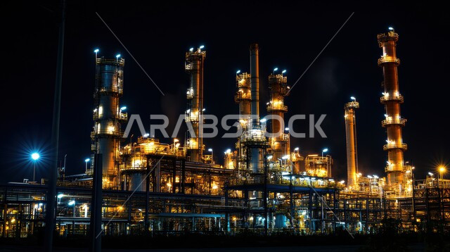 Oil and gas refinery, petrochemical projects contributing to the renaissance of the Saudi national economy, oil factories and plants in Saudi Arabia, lighting towers and metal structures at night, pollution resulting from oil production