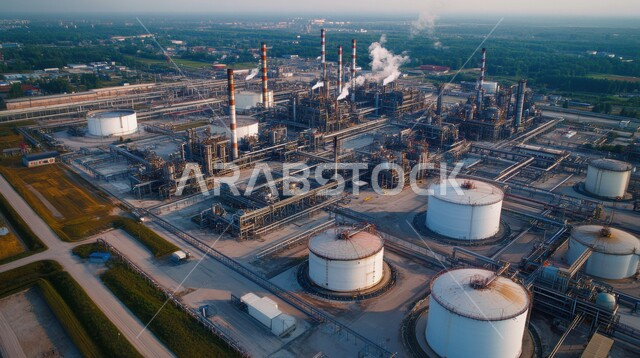Large and massive warehouses and tanks, towers and metal structures in desert lands, oil and gas refineries, petrochemical industries and projects, the concept of petroleum engineering in the Gulf countries, the renaissance of the Saudi national economy, a top view of fuel factories and mines in the Kingdom of Saudi Arabia