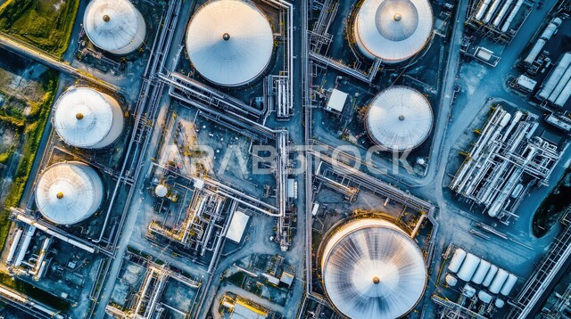 مستودعات وخزانات كبيرة وضخمة, الأبراج والهياكل المعدنية في الأراضي الصحراوية, مصافي تكرير النفط والغاز, صناعات ومشاريع بتروكيماوية، مفهوم هندسة البترول في دول الخليج, النهضة بالاقتصاد الوطني السعودي, صورة من الأعلى لمصانع ومناجم الوقود في المملكة العربية السعودية