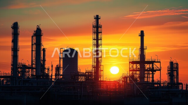 خطوط الأنابيب والكابلات الفولاذية، صناعات ومشاريع بيتروكيماوية، مصنع تكرير النفط والغاز في المنطقة الصناعية، مصانع ومعامل في المملكة العربية السعودية، هندسات ومعدات صناعية، مستودعات ضخمة و كبيرة، منظر دخان المنشآت الصناعية الضخمة عند غروب الشمس