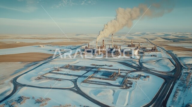 صناعات ومشاريع بيتروكيماوية، صورة جوية من الأعلى للتلوث الناتج عن انتاج البترول، خطوط الأنابيب والكابلات الفولاذية، مصنع تكرير النفط والغاز في المنطقة الصناعية، مصانع ومعامل في المملكة العربية السعودية، مستودعات ضخمة و كبيرة، هندسات ومعدات صناعية