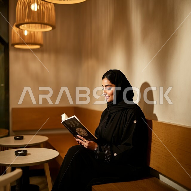 ممارسة هواية المطالعة, مفهوم الشغف بالقراءة, امراة عربية خليجية سعودية محجبة ترتدي العباءة الملونة تجلس على الطاولة و تمسك كتاب بيديها, الكتب و الروايات على المسلية, أماكن هادئة مريحة للدراسة