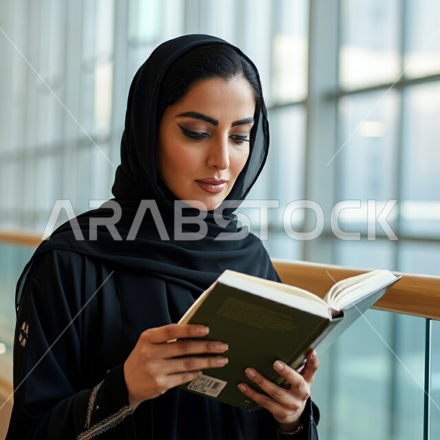 ممارسة هواية المطالعة, مفهوم الشغف بالقراءة, امراة عربية خليجية سعودية محجبة ترتدي العباءة السوداء تمسك كتاب بيديها, الكتب و الروايات على المسلية, أماكن هادئة مريحة للدراسة