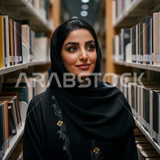 The concept of passion for reading, practicing the hobby of reading, a smiling veiled Saudi Arabian Gulf woman wearing a black abaya standing inside the library and looking at the camera with gestures of happiness and pleasure, books and novels on the shelves, quiet and comfortable places to study