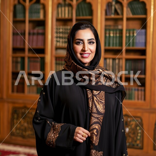 The concept of passion for reading, practicing the hobby of reading, a smiling veiled Saudi Arabian Gulf woman wearing a black abaya standing inside the library and looking at the camera with gestures of happiness and pleasure, books and novels on the shelves, quiet and comfortable places to study
