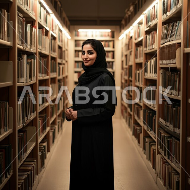 مفهوم الشغف بالقراءة, ممارسة هواية المطالعة, امراة عربية خليجية سعودية مبتسمة محجبة ترتدي العباءة السوداء تقف داخل المكتبة و تنظر إلى الكاميرا بإيماءات السعادة و السرور, الكتب و الروايات على الرفوف, أماكن هادئة و مريحة للدراسة
