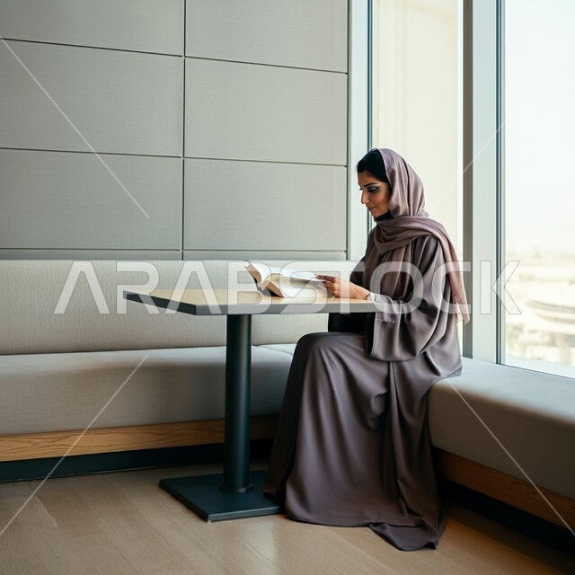 ممارسة هواية المطالعة, مفهوم الشغف بالقراءة, امراة عربية خليجية سعودية محجبة ترتدي العباءة الملونة تجلس على الطاولة و تمسك كتاب بيديها, الكتب و الروايات على المسلية, أماكن هادئة مريحة للدراسة