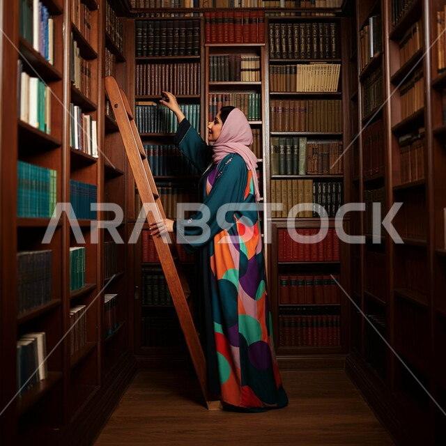 الكتب و الروايات على الرفوف,مفهوم الشغف بالقراءة, ممارسة هواية المطالعة, امراة عربية خليجية سعودية مبتسمة محجبة ترتدي العباءة الملونة تقف على السلم داخل المكتبة و ترفع يدها لتلقط كتاب ما, أماكن هادئة و مريحة للدراسة
