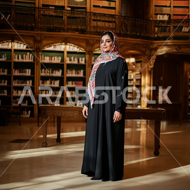 مفهوم الشغف بالقراءة, ممارسة هواية المطالعة, امراة عربية خليجية سعودية مبتسمة محجبة ترتدي العباءة السوداء تقف داخل المكتبة و تنظر إلى الكاميرا بإيماءات السعادة و السرور, الكتب و الروايات على الرفوف, أماكن هادئة و مريحة للدراسة