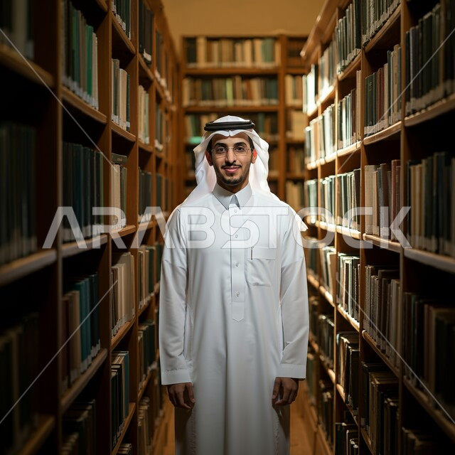 الكتب و الروايات على الرفوف, مفهوم الشغف بالقراءة, ممارسة هواية المطالعة, شاب عربي خليجي سعودي يرتدي الثوب التقليدي و الشماغ يقف داخل المكتبة و ينظر إلى الكاميرا بإيماءات السعادة و السرور, أماكن هادئة مريحة للدراسة