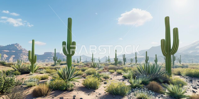 نبات الصبار الشوكي في المناطق الصحراوية والكثبان الرملية في البراري، منظر الغيوم في سماء المملكة العربية السعودية  نمو النباتات الشوكية والاعشاب البرية في المحميات الطبيعية ، سلسلة الجبال والتكوينات والتشكلات الصخرية